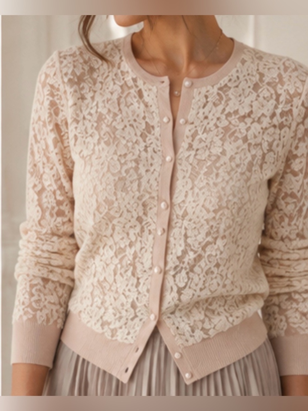 The limited cardigan XL silk cotton cashmere cream beige lace pearls crystals